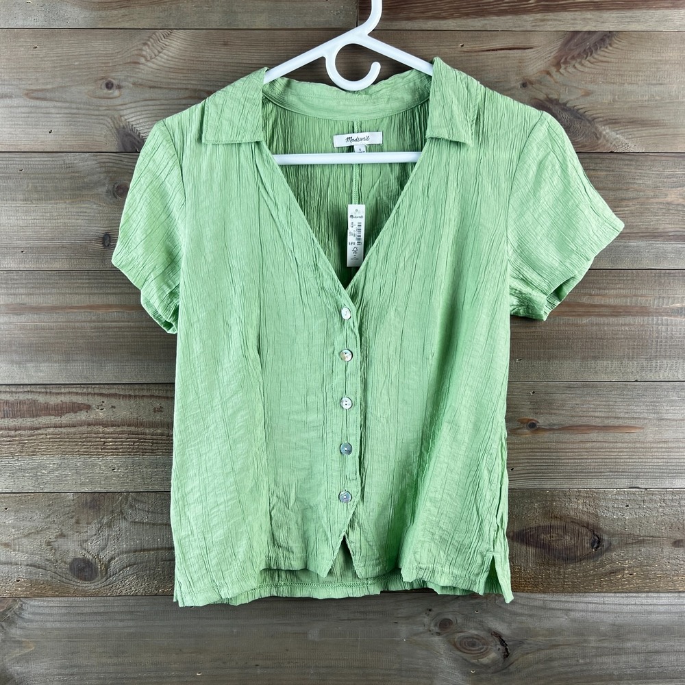 Madewell Womens Shirt Notched VNeck Button Up Short Sleeve Seedling Green Small